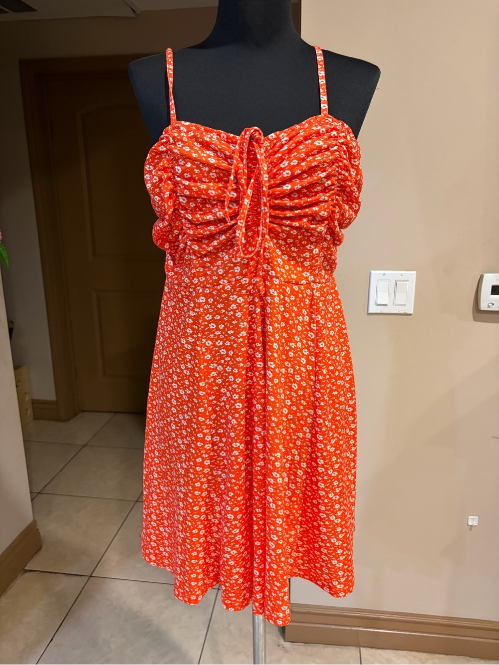 Red Floral Tie-Front Mini Dress with Adjustable Spaghetti Straps